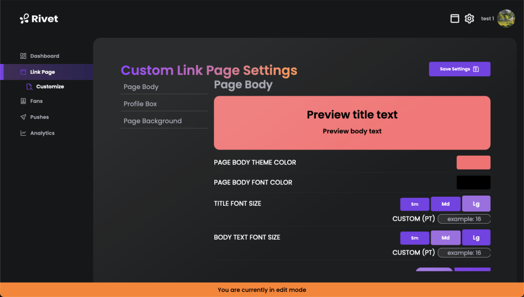 The link page is a Rivet feature that lets artists create a personalized landing page where they can attach links to their works and post announcements and other content. The settings page lets users customize the style of their link page. 