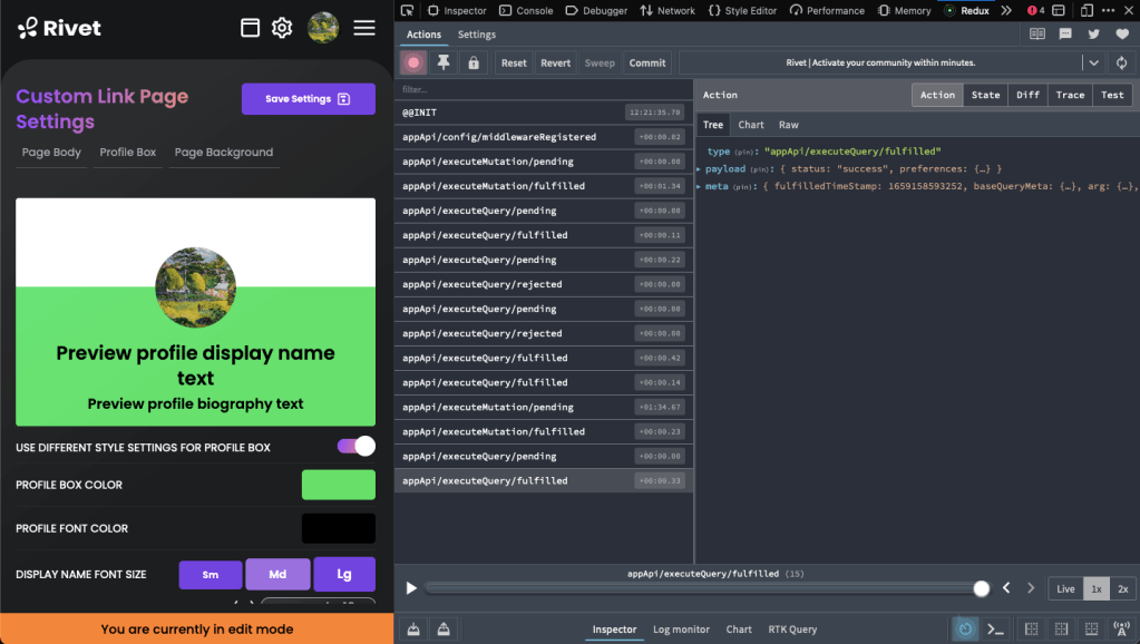 A view of the mobile version of the settings page + using Redux DevTools for debugging.